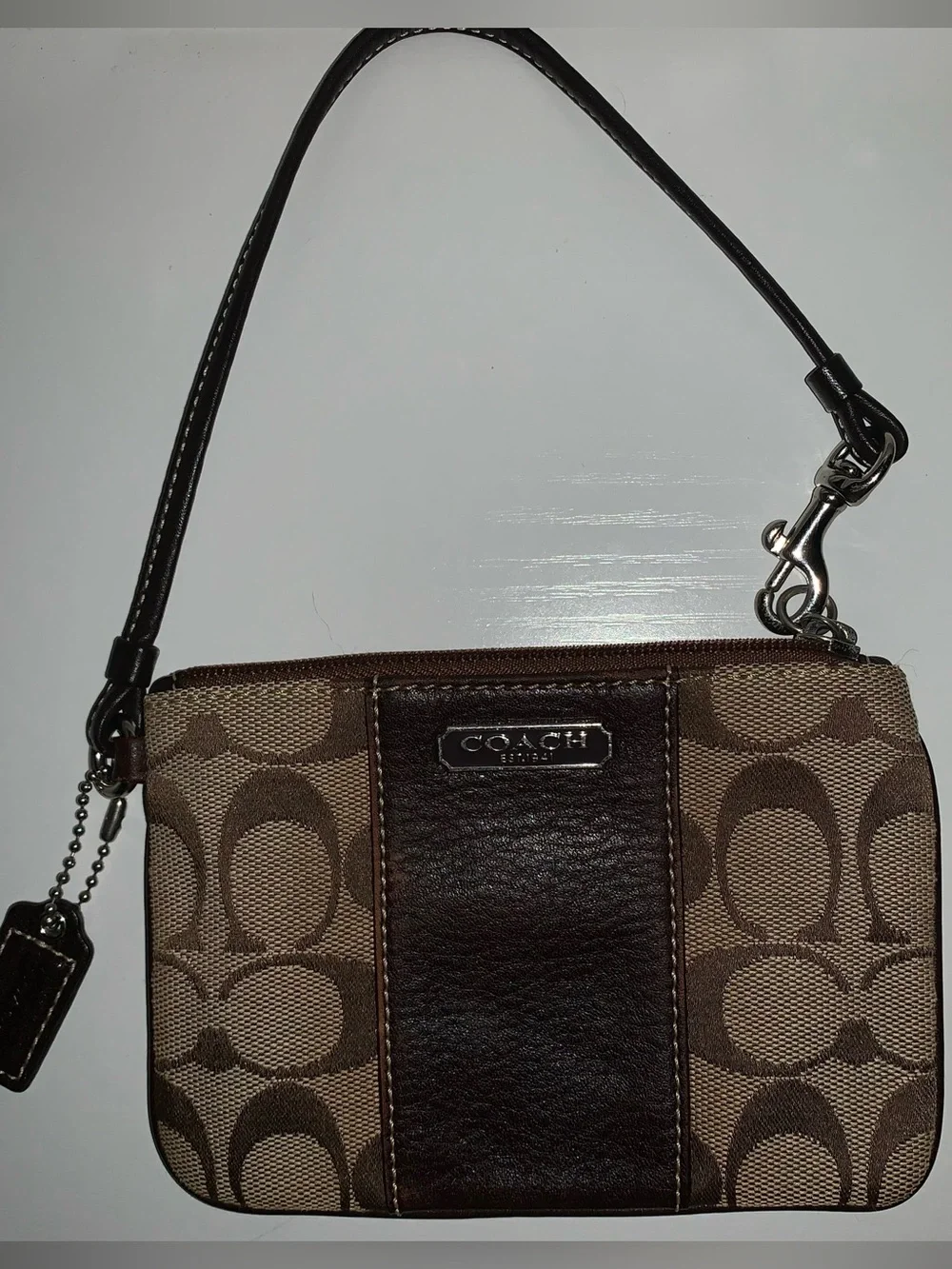 Coach Brown vintage signature Canvas Wristlet with Leather Trim